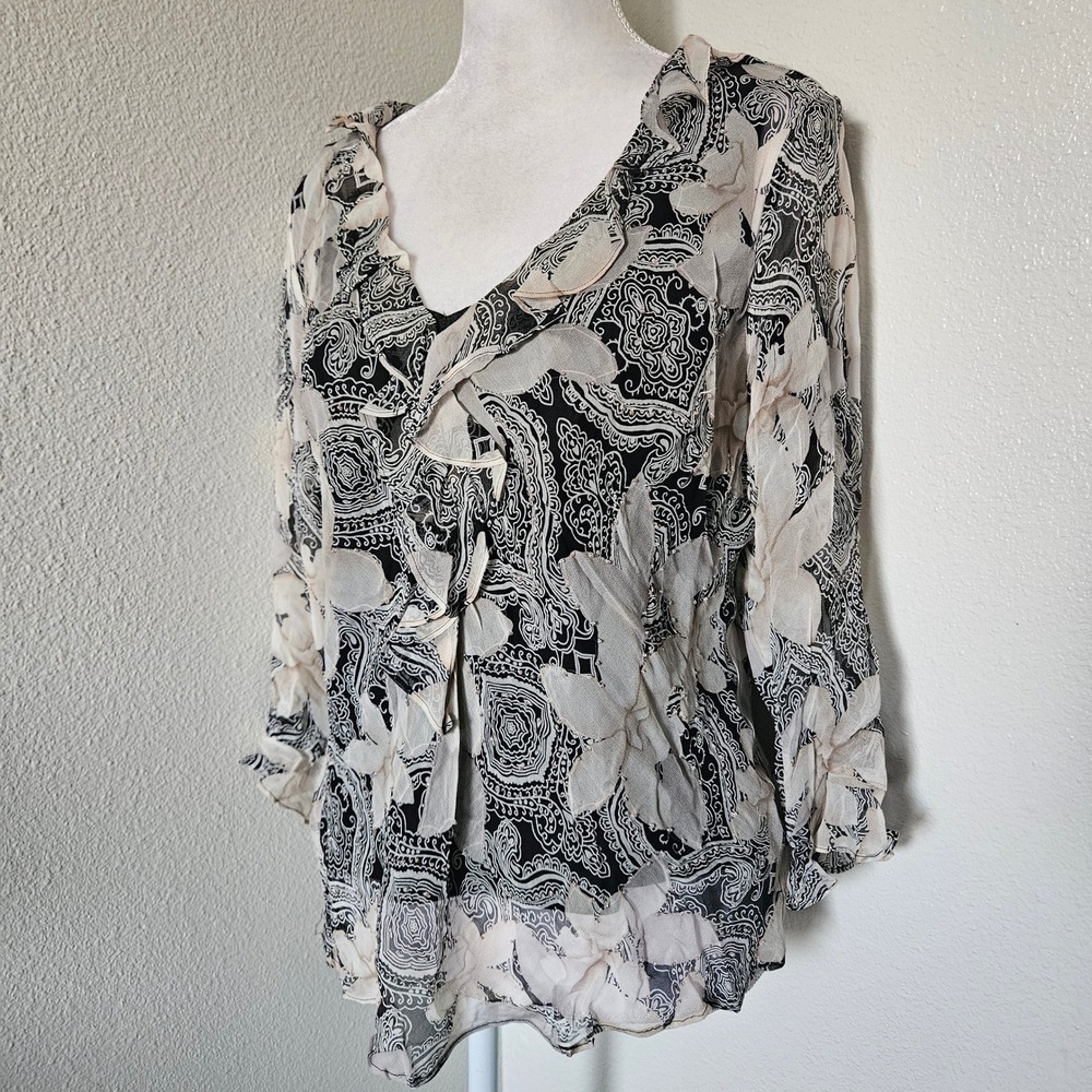 ICE Silk Paisley Floral Ruffle Blouse Beaded